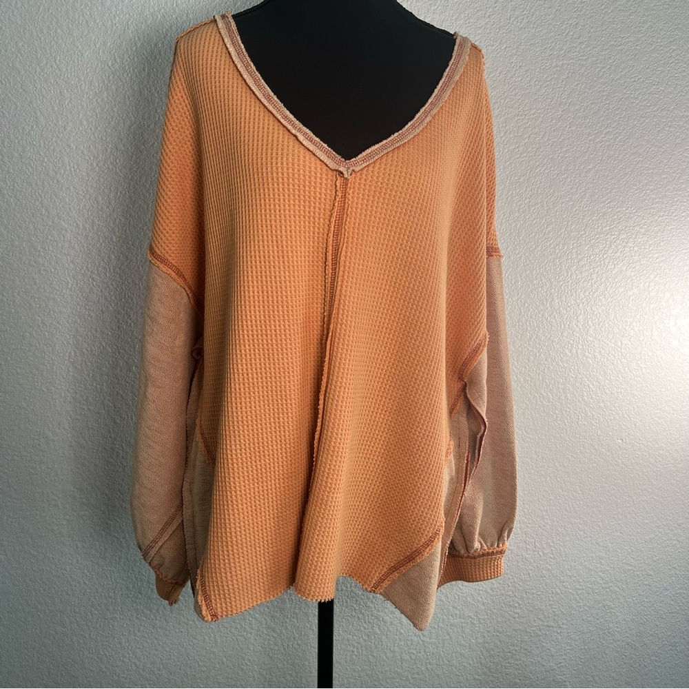 Style U Women's Oversized Orange Long Sleeve V Neck Waffle Knit Tunic Top Sz S